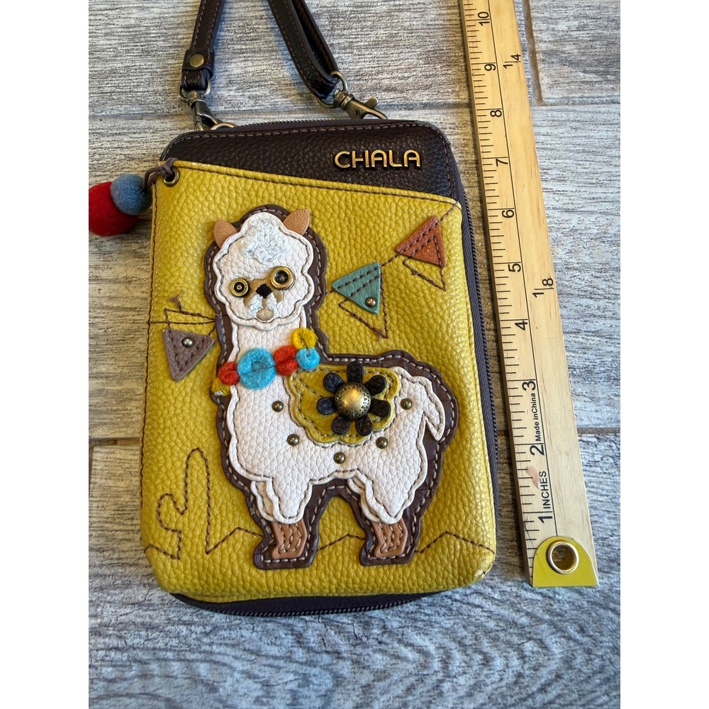 Chala Llama Crossbody Purse Leather Bag Wallet Mustard Yellow Boho Wristlet